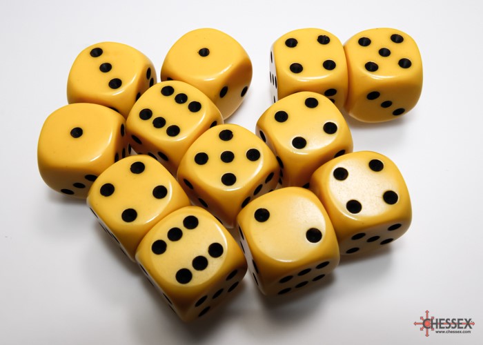 Opaque Yellow/black 16mm d6 Dice Block (12 dice)
